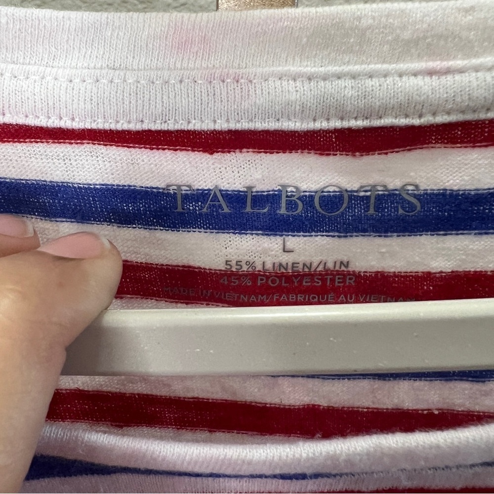 Talbots Womens Linen Blend TopStriped Short Sleeve Red White Blue L - Picture 3 of 7